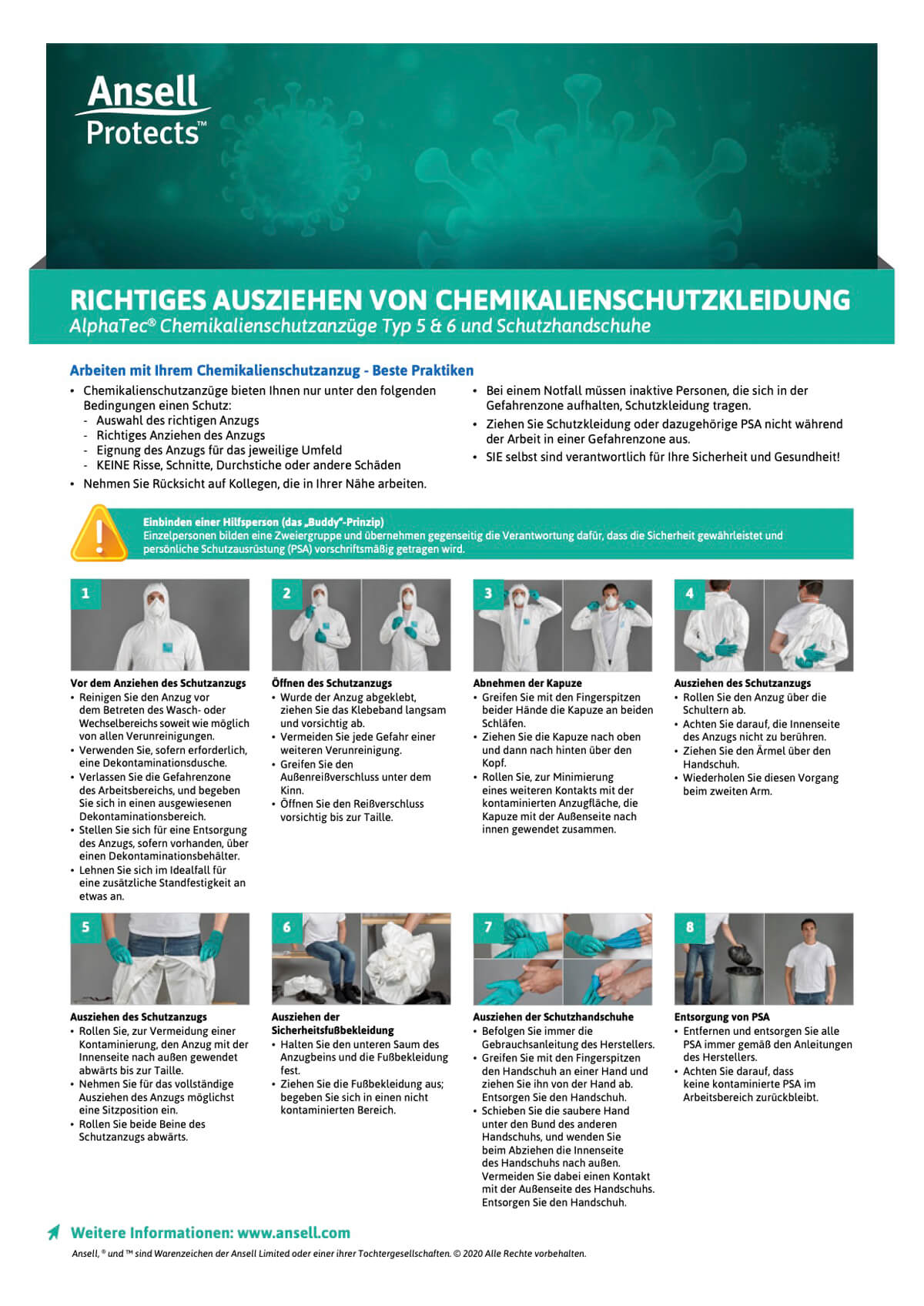 richtiges Ausziehen eines Chemikalienschutzanzugs Typ AlphaTec begleitet von einer Hilfsperson