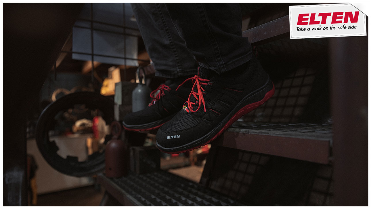 Elten Sicherheitsschuh S3 MADDOX black-red Low ESD aus einer Stahltreppe