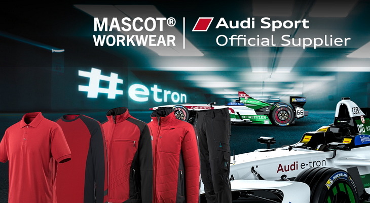 Mascot Bekleidungsausstatter in der Formel E Mascot Bekleidungsausstatter in der Formel E: Mascot Produkte vor einem Audi e-tron.