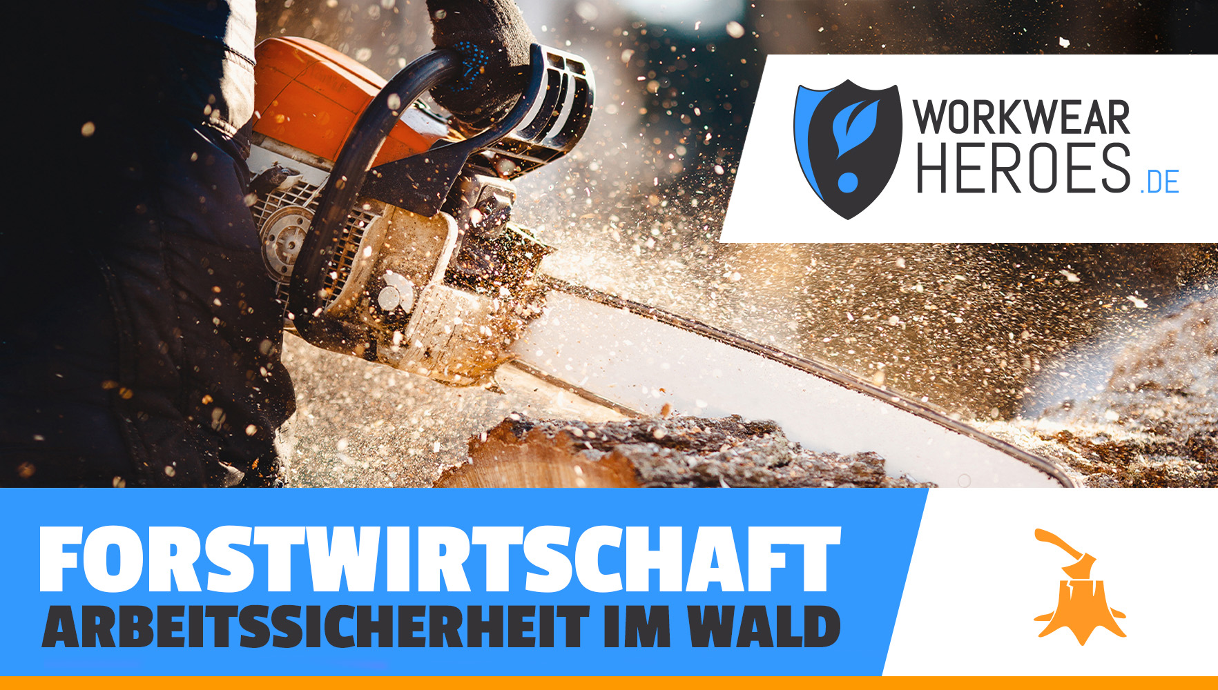 Forstwirtschaft im Wald: Eine Kettensäge schneidet einen Baumstamm klein. Sägespäne fliegen durch die Luft.