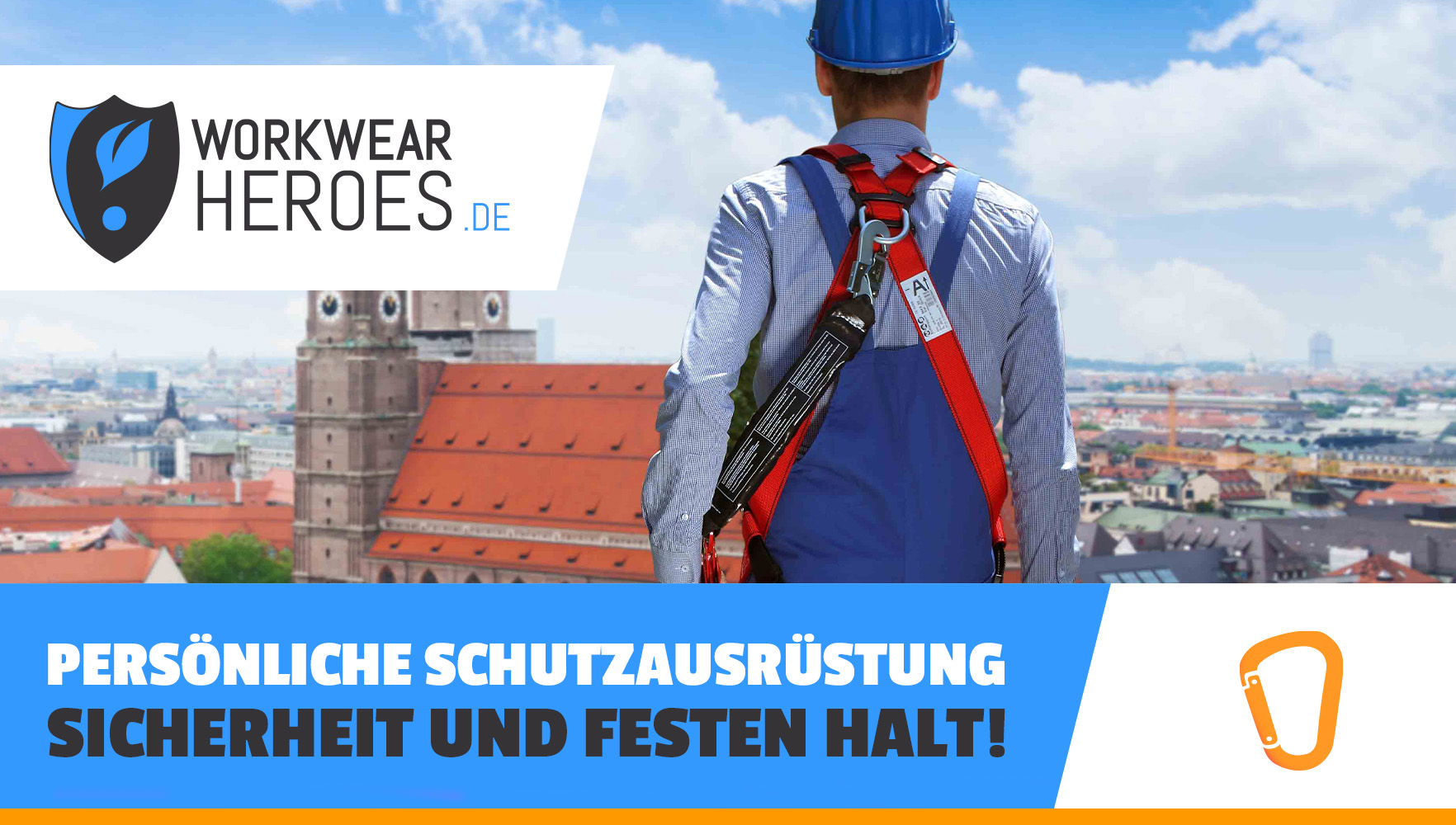 Ein Mann in persönlicher Schutzausrüstung steht mit Absturzsicherung über den Dächern einer Stadt.